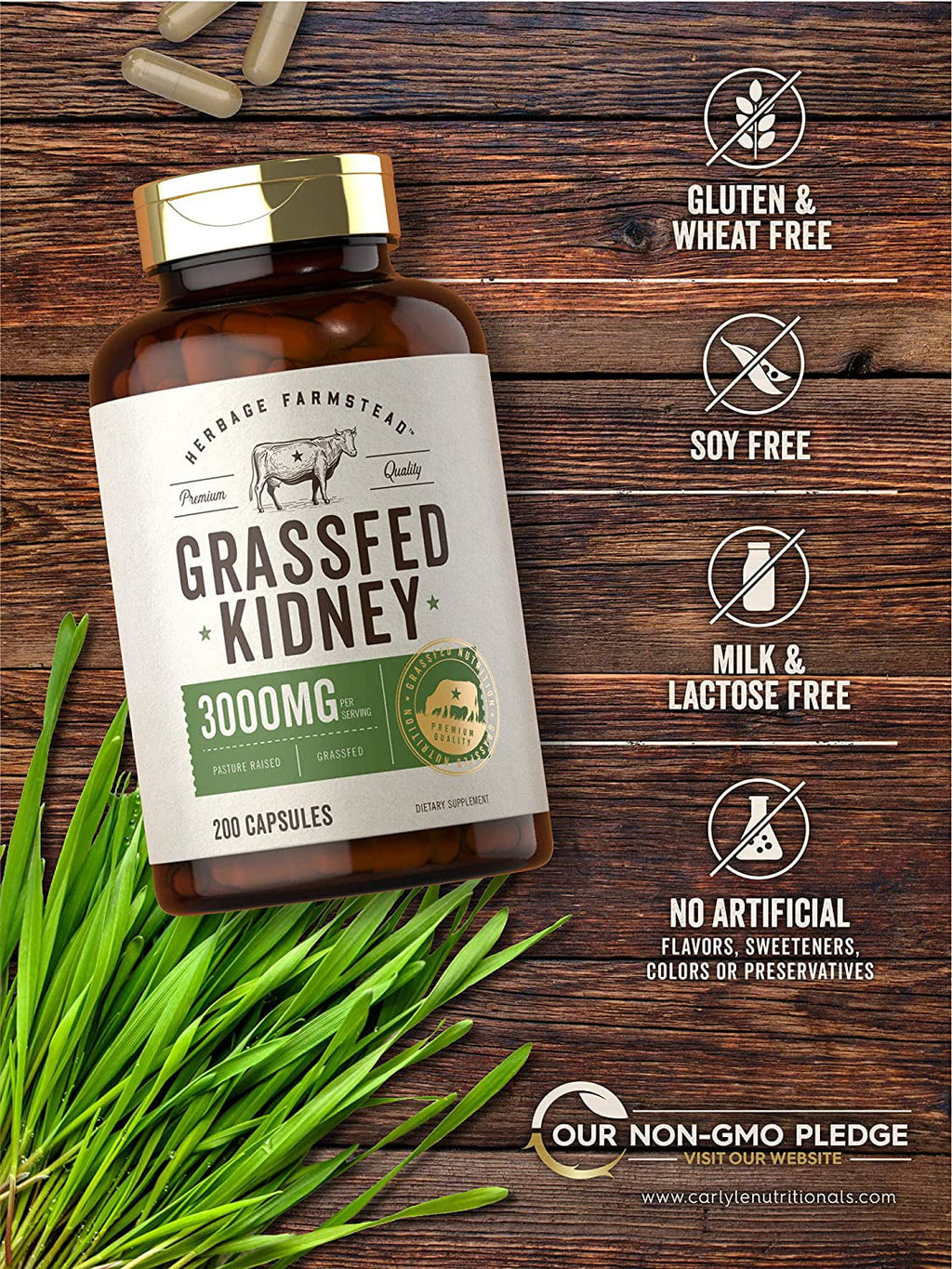 Grassfed Beef Kidney 3000mg 200 Capsules W811