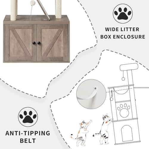 59 Inch 2-in-1 Cat Tree Scratching Post Condo Litter Box Enclosure Grey White Q51624