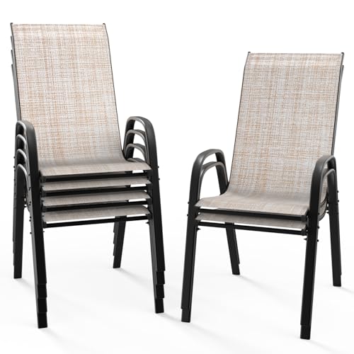 Black Set of 6 Stackable Outdoor Dining Chairs with Sling High Back and Armrests O1815