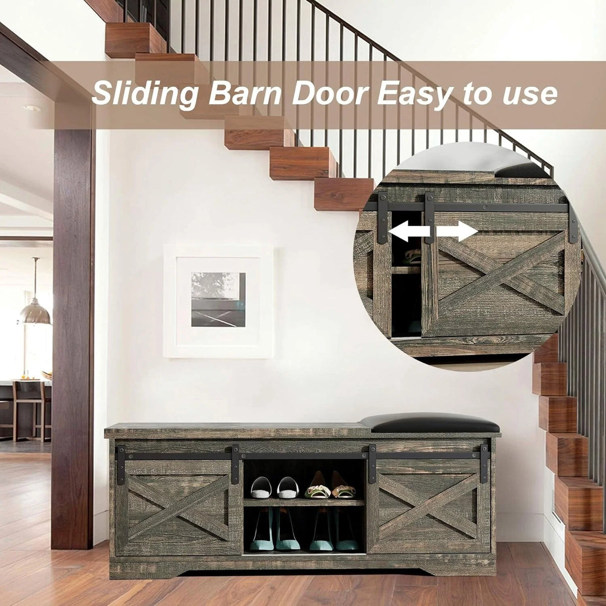 47 inch 2-Tier Shoe Storage Bench with Sliding Barn Door L88142