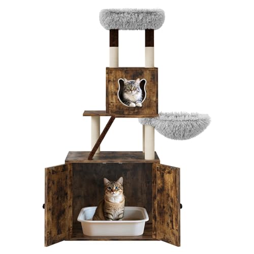 59 Inch 2-in-1 Cat Tree Scratching Post Condo Litter Box Enclosure Grey White Q51624
