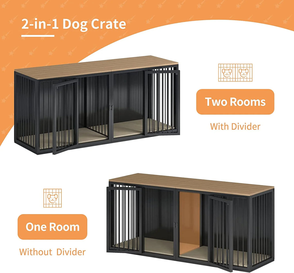 Black Large 2 Dog Steel Frame Wooden Top Crate Furniture S9433