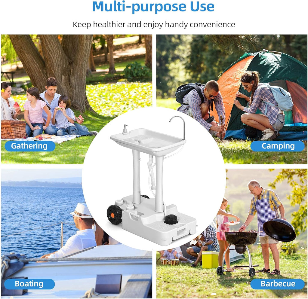 Portable Camping Sink with Rolling Wheels, 30 L Water Capacity, Soap Dispenser, Towel Holder, White D6487