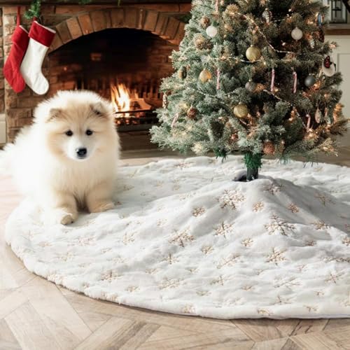 48 Inch White Faux Fur Christmas Tree Skirt with Sequin Snowflakes H85161