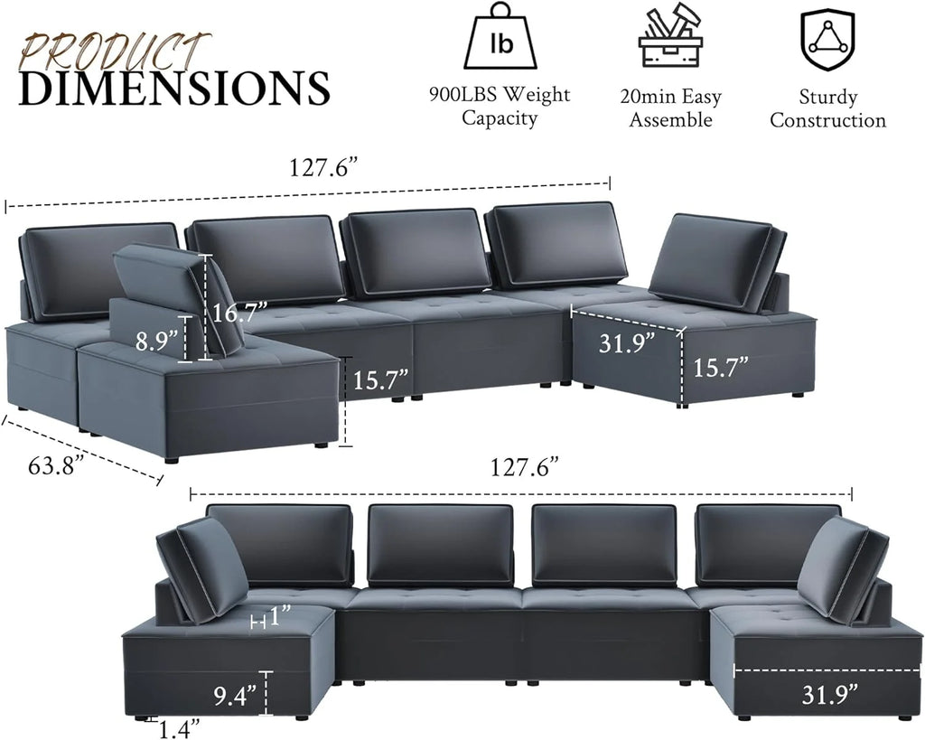 5 Seater Grey Velvet Sectional Sofa W9133