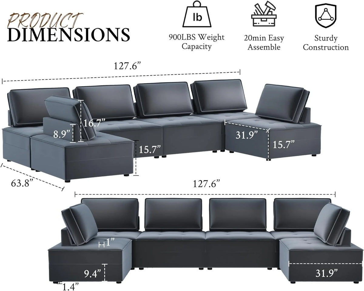 5 Seater Grey Velvet Sectional Sofa W9133