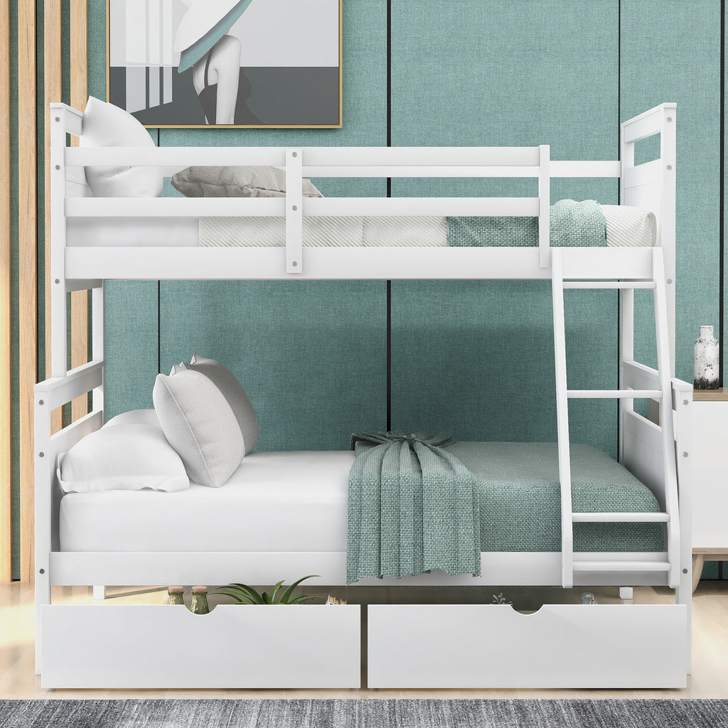 White Wood Twin over Full Bunk Bed with Trundle H55361