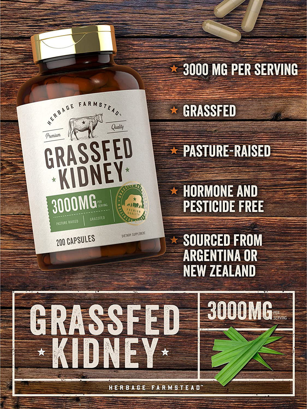 Grassfed Beef Kidney 3000mg 200 Capsules W811