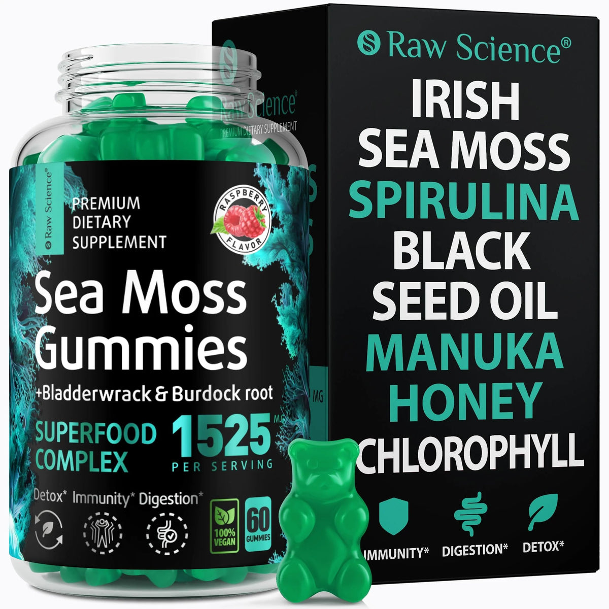 Sea Moss Gummies with Black Seed Oil, Manuka Honey, Fenugreek, Chlorophyll, Burdock Root, Bladderwrack - 60 Gummies K8615
