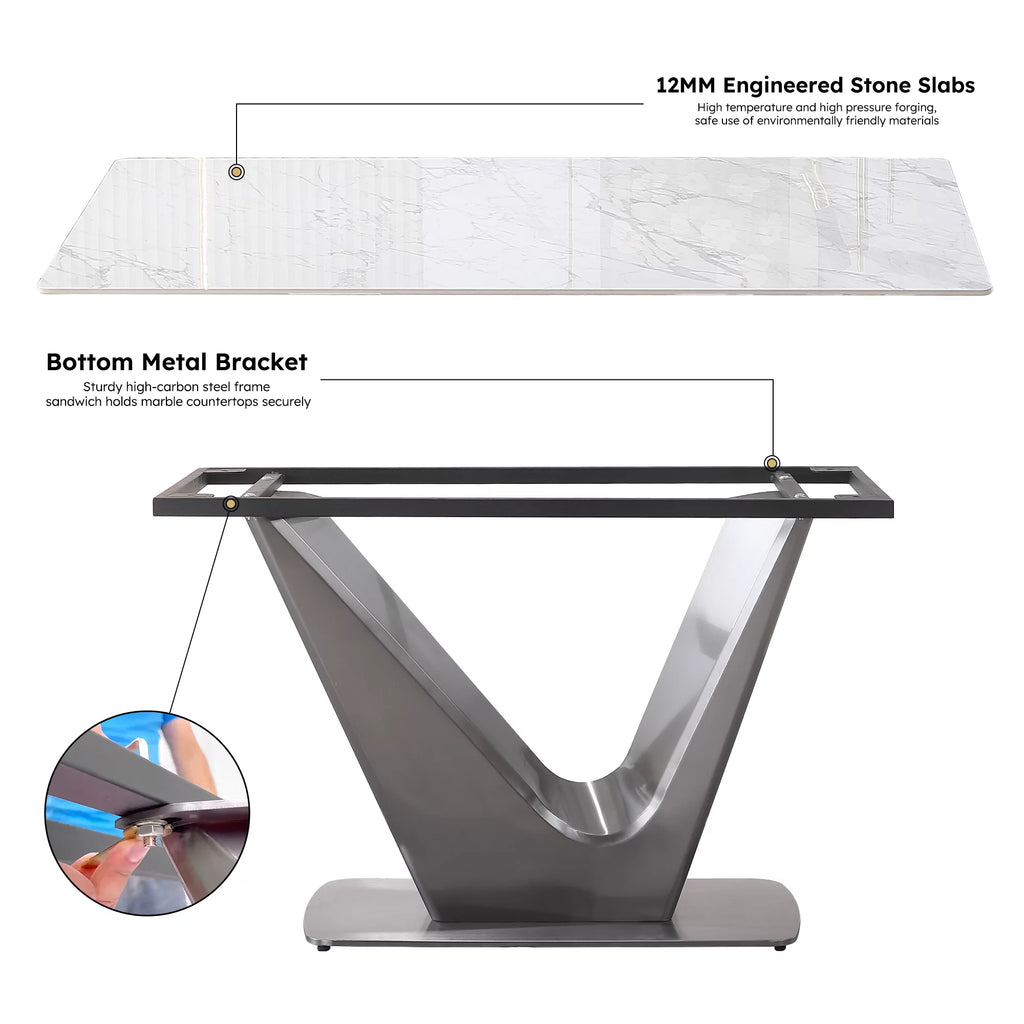 Modern Dining Table with Carrara White Marble Top and Black Steel V Shape Base, 63" V223
