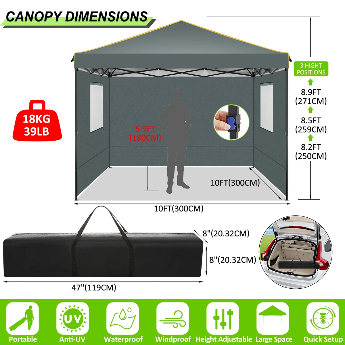 10' x 10' Pop up Canopy with 4 Removable Sidewalls and Carry Bag A5405