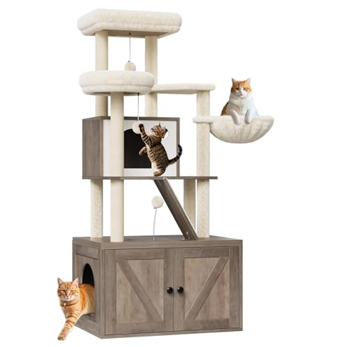 59 Inch 2-in-1 Cat Tree Scratching Post Condo Litter Box Enclosure Grey White Q51624