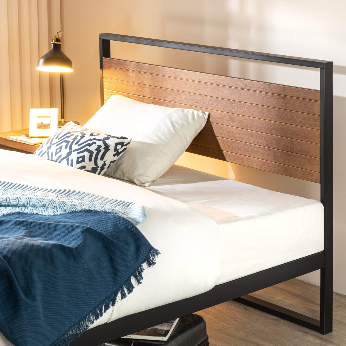 Metal and Wood Platform Bed Frame with Headboard, Chestnut Brown, Full Q3949