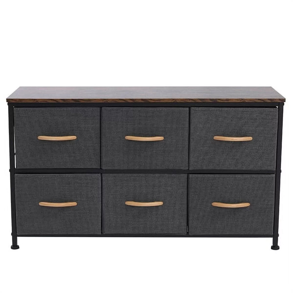 Gray 6 Drawer Fabric Dresser with Wooden Tabletop C1064
