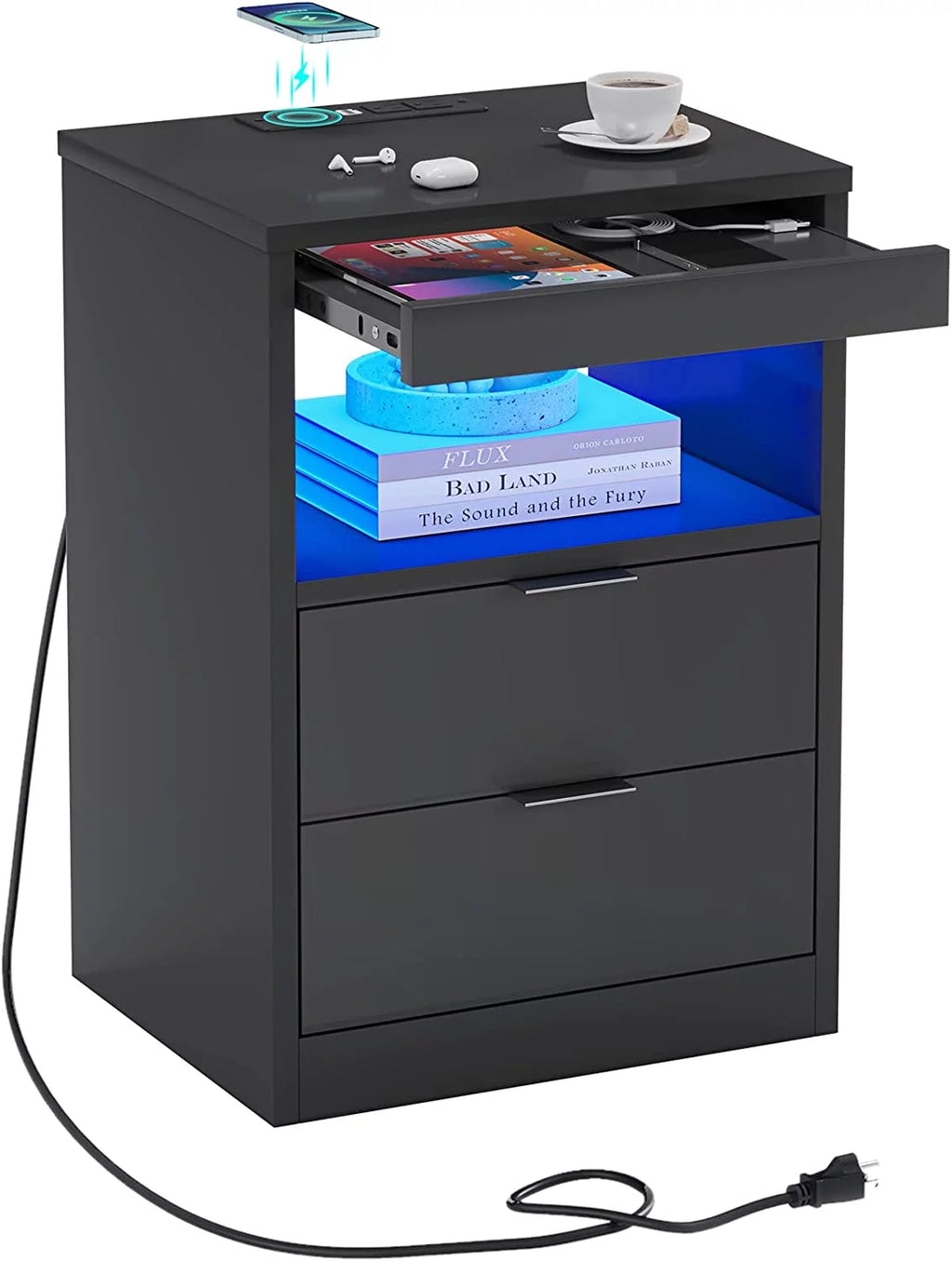 Black 2 Drawer Nightstand with Wireless Charging Station I210505