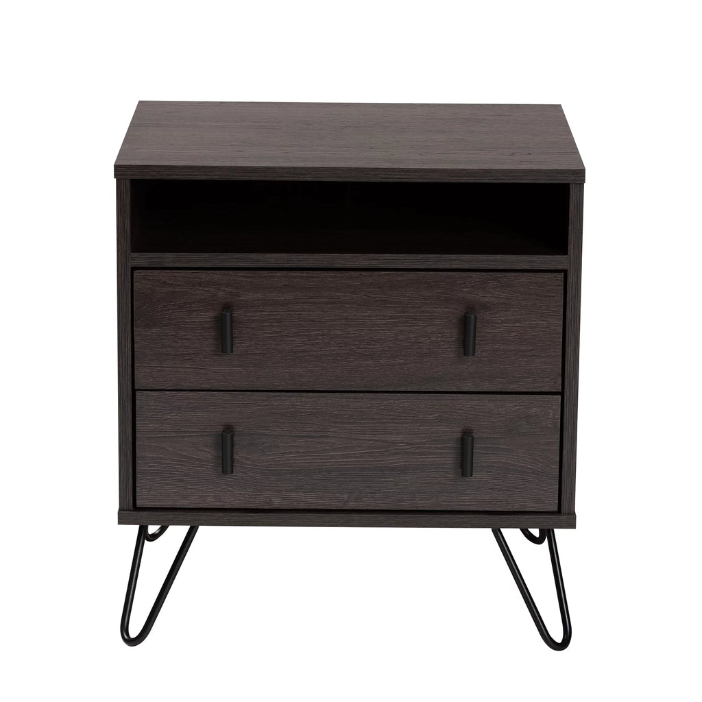 Dark Brown Wood and Black Metal 2-Drawer Nightstand B57977