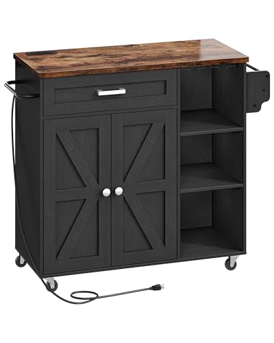 Black and Rustic Brown Rolling Kitchen Island Trolley with Power Outlet H30737