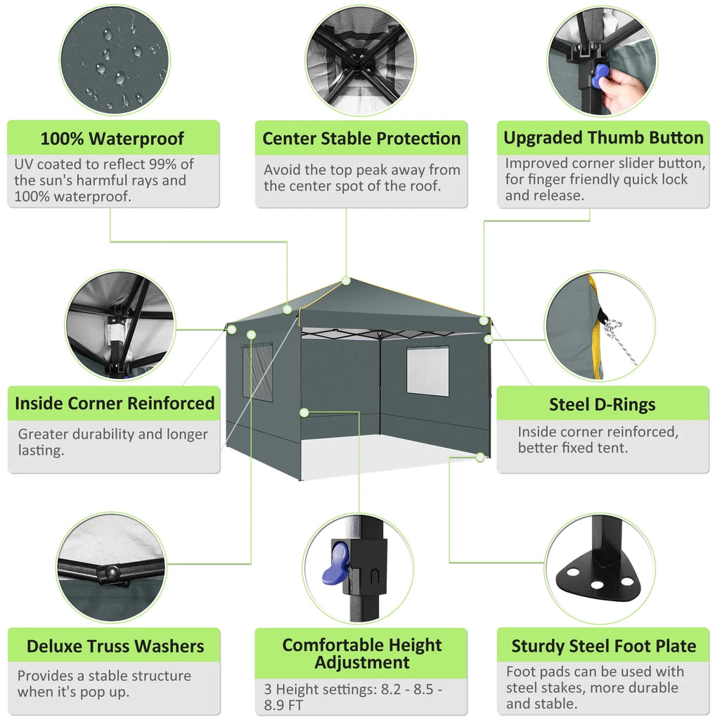 10' x 10' Pop up Canopy with 4 Removable Sidewalls and Carry Bag A5405