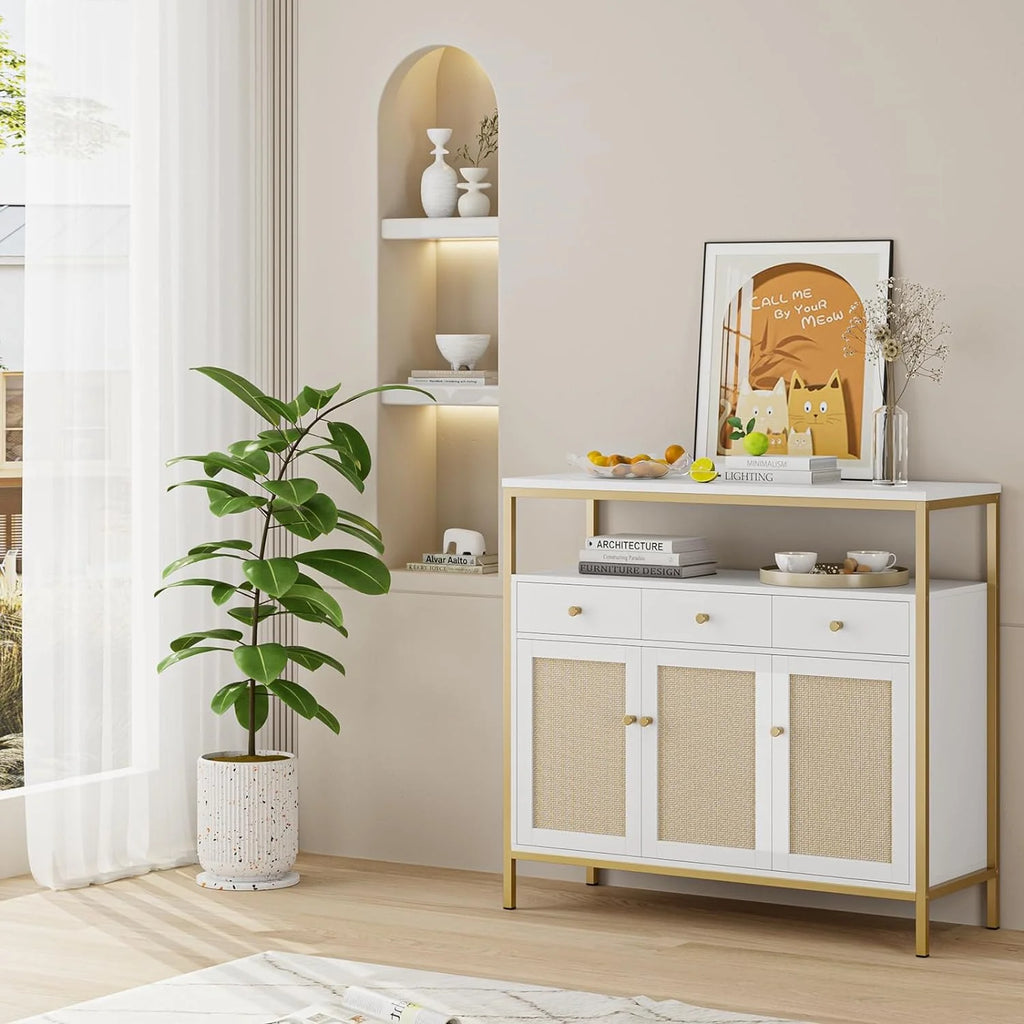 White and Gold Dresser with Drawers and Doors T470