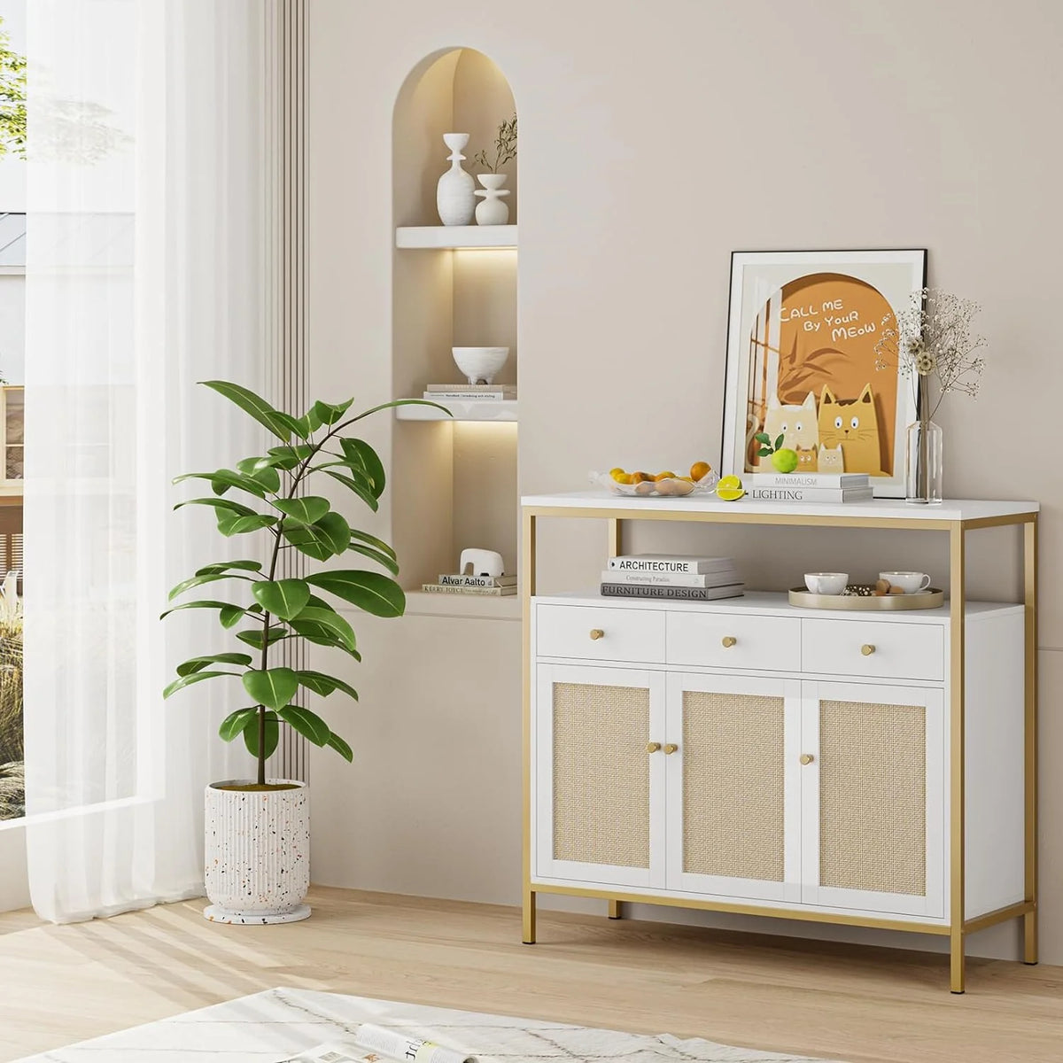 White and Gold Dresser with Drawers and Doors T470