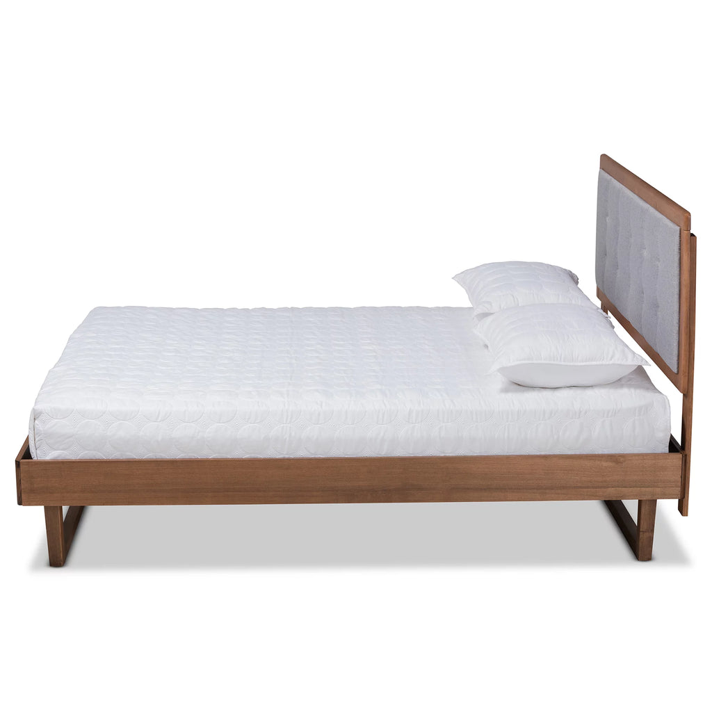 Light Grey Fabric Upholstered Ash Walnut Wood Queen Size Platform Bed Z906212