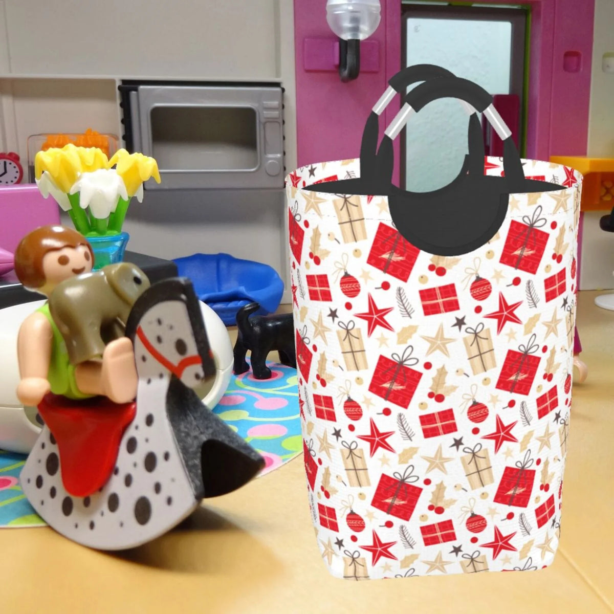 Collapsible Laundry Basket Hamper, Red Christmas Print 50L H304643
