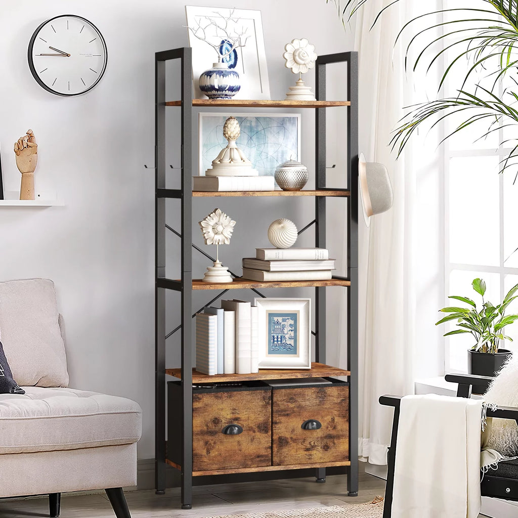 5 Shelf 2 Drawer Rustic Brown Bookcase M440627