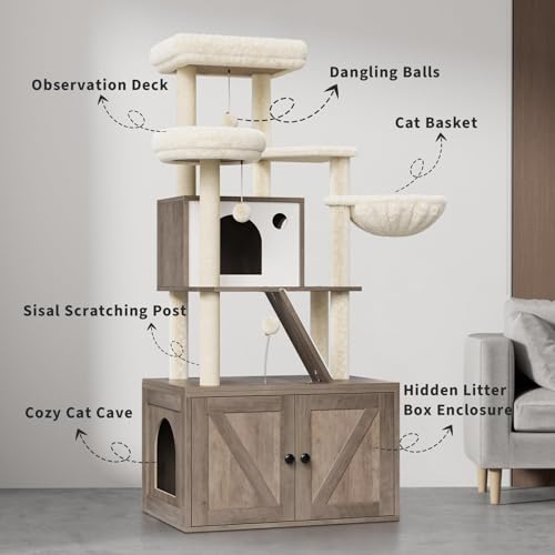 59 Inch 2-in-1 Cat Tree Scratching Post Condo Litter Box Enclosure Grey White Q51624