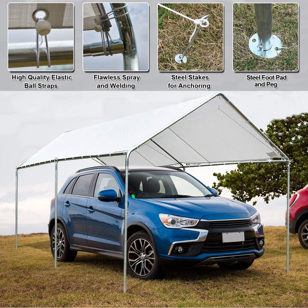 Heavy Duty Portable Carport Canopy 20X10 ft with Galvanized Steel Frame and PE Cover, White B989393