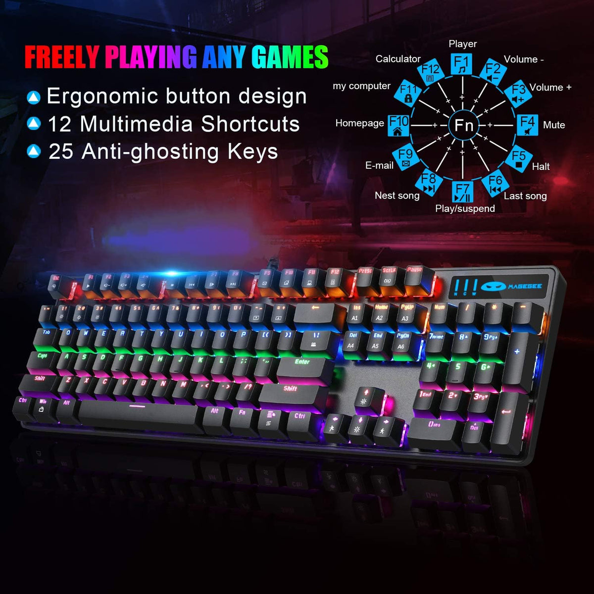 Mechanical Gaming Keyboard and Mouse Combo, 104 Keys Rainbow Backlit, Wired I8987