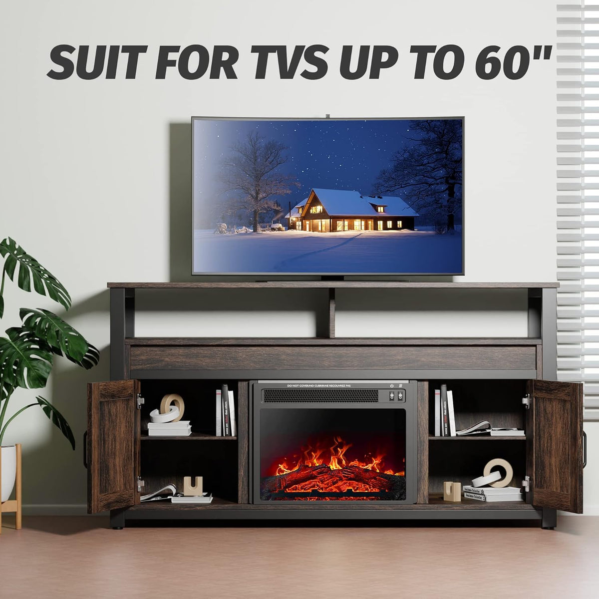 Electric Fireplace TV Stand with Storage Shelves and 2 Cabinets I8788
