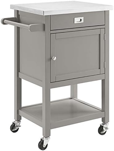 Stainless Steel Top Pine Wood Rolling Kitchen Island Cart with Drawer and Shelf O34369