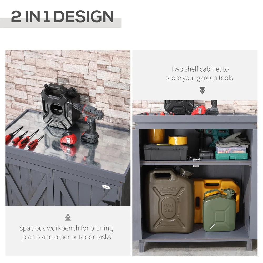 Grey Garden Storage Cabinet with Galvanized Top and Two Shelves U6691