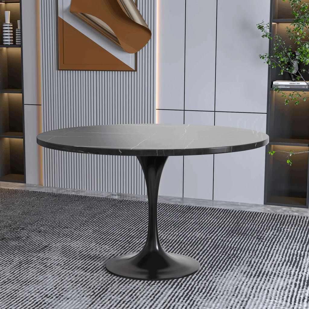 48" Round Stone Top Dining Table with Black Stainless Steel Pedestal Base C192769