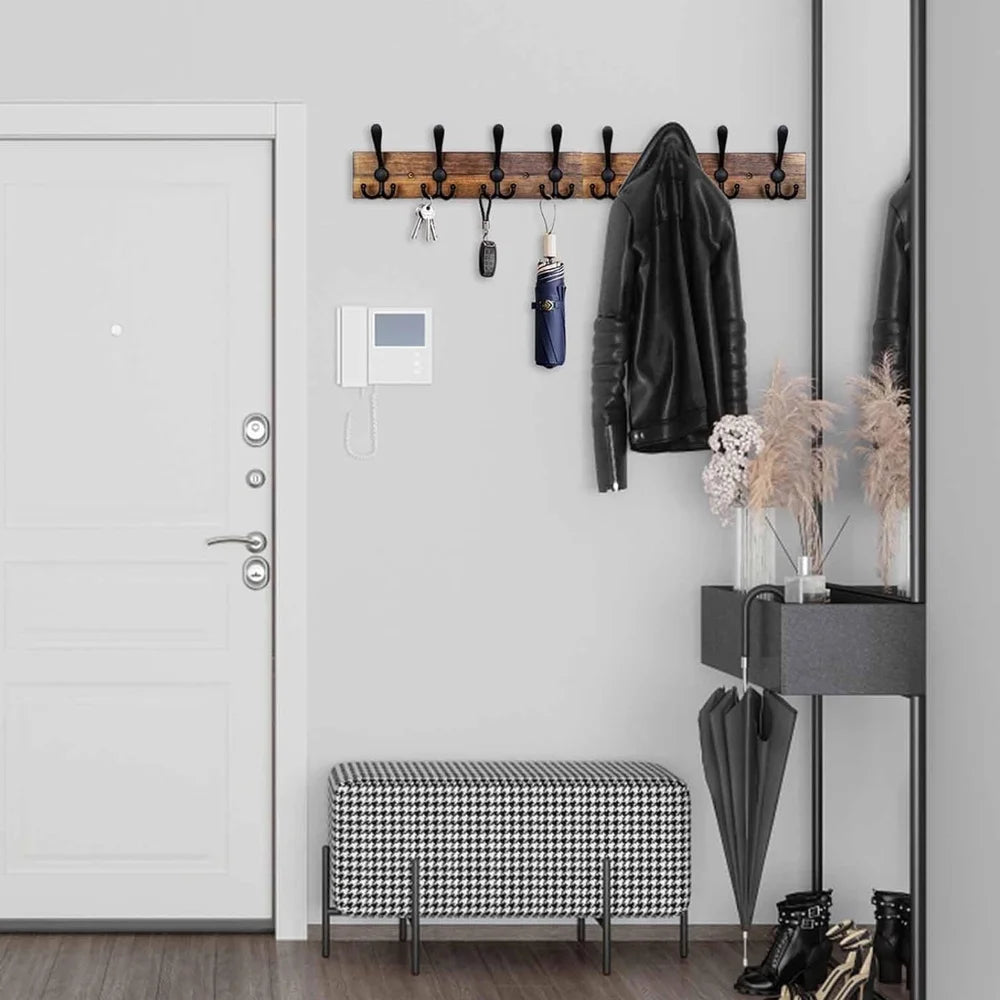 Wall Mounted Coat Rack 31.5'' Wooden Burnt Brown with 8 Black Hooks L275
