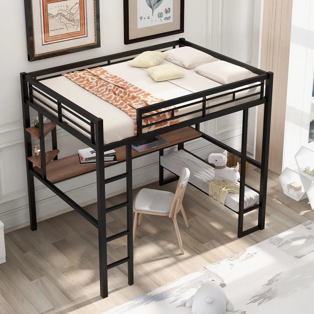 Black Full Metal Loft Bed with Desk and Shelves B7038