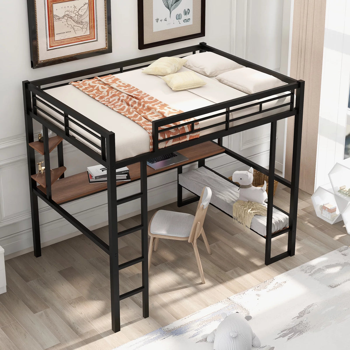 Black Full Metal Loft Bed with Desk and Shelves B7038
