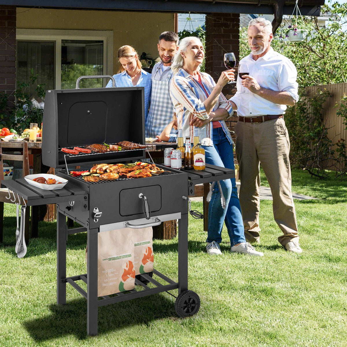 Outdoor Charcoal Grill with 2 Foldable Side Table S130