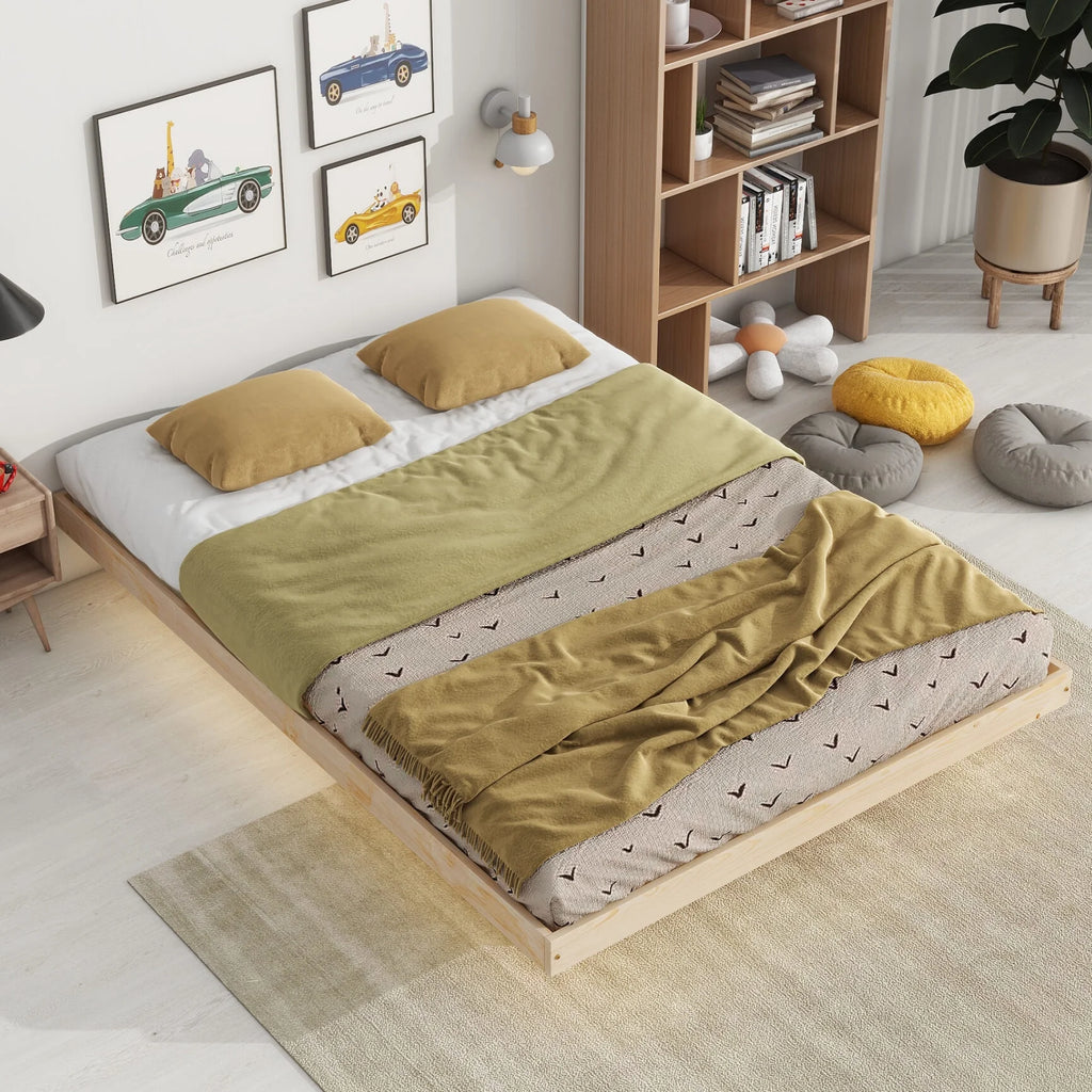 Full Size Grey Pinewood Floating Platform Bed with LED Lights R53572