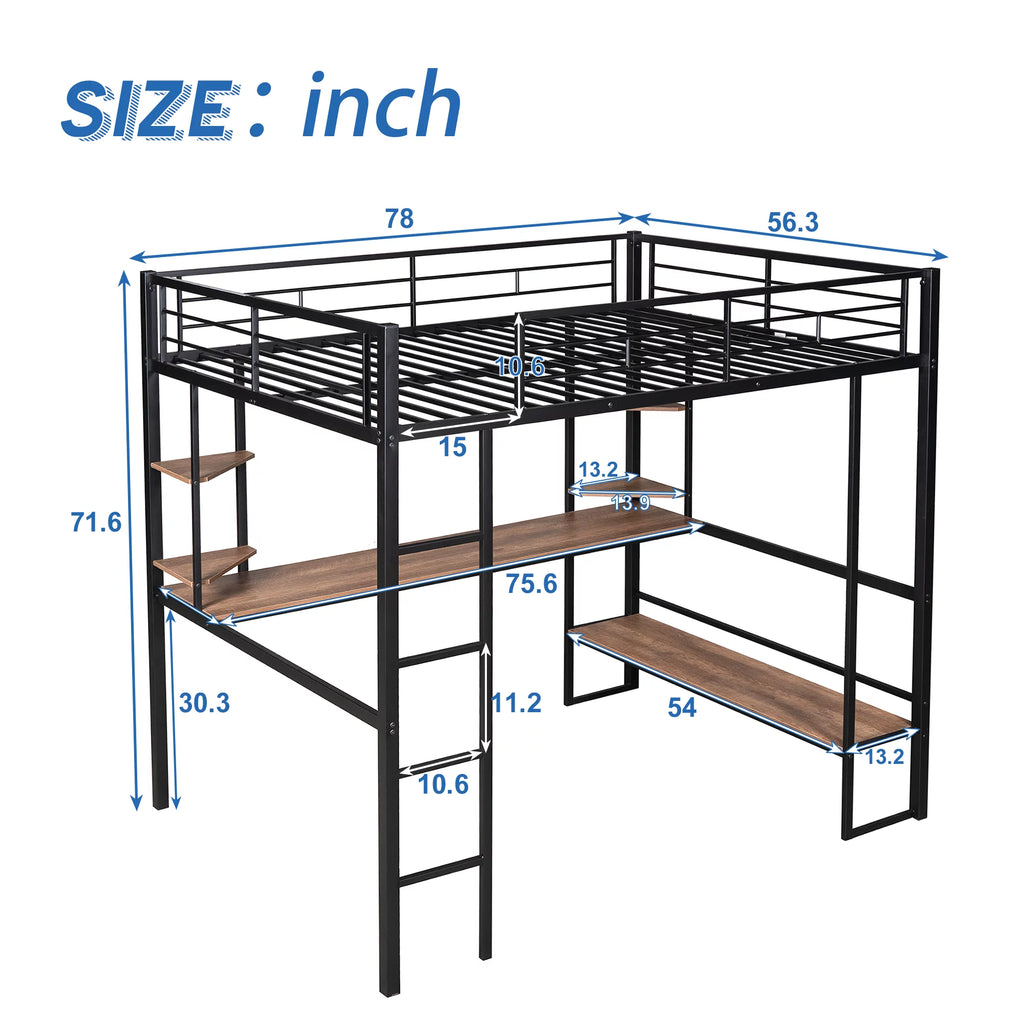 Black Full Metal Loft Bed with Desk and Shelves B7038