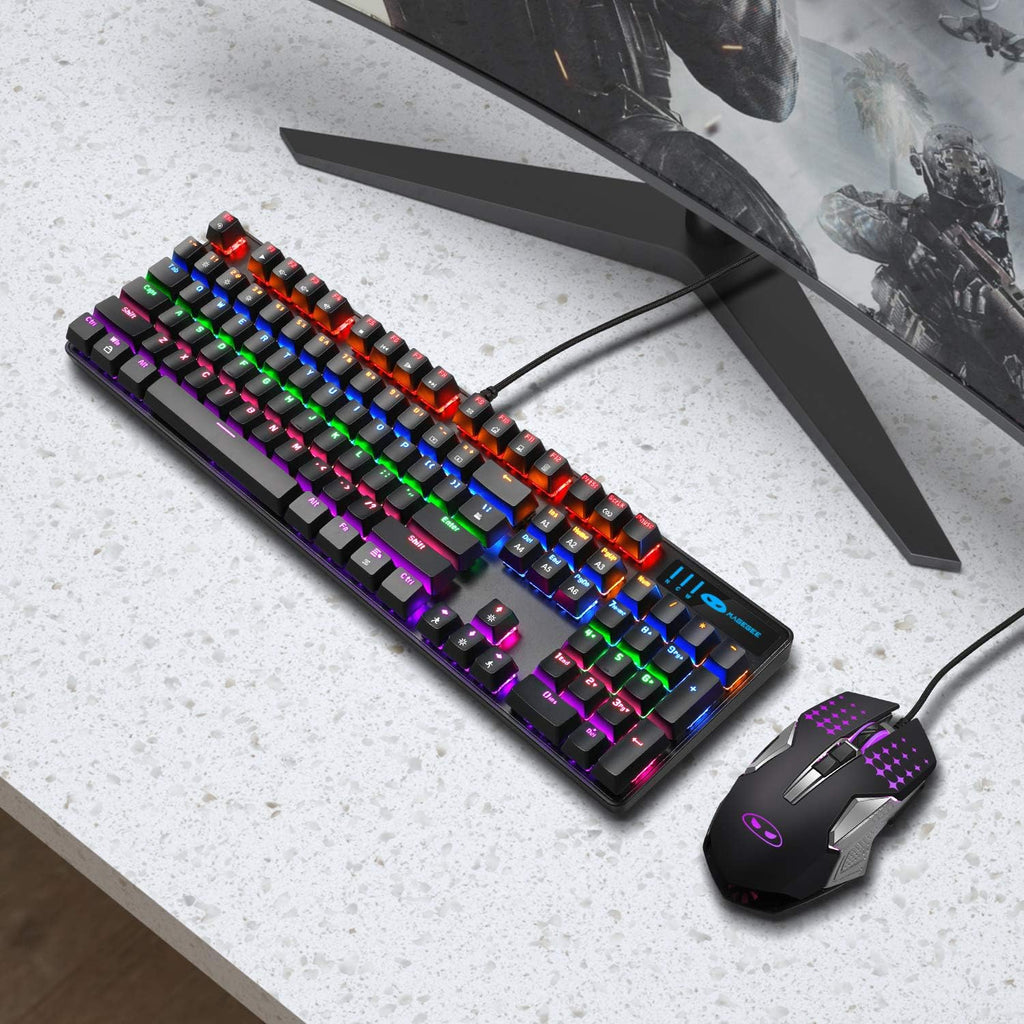 Mechanical Gaming Keyboard and Mouse Combo, 104 Keys Rainbow Backlit, Wired I8987