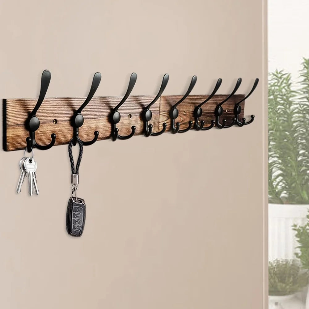 Wall Mounted Coat Rack 31.5'' Wooden Burnt Brown with 8 Black Hooks L275