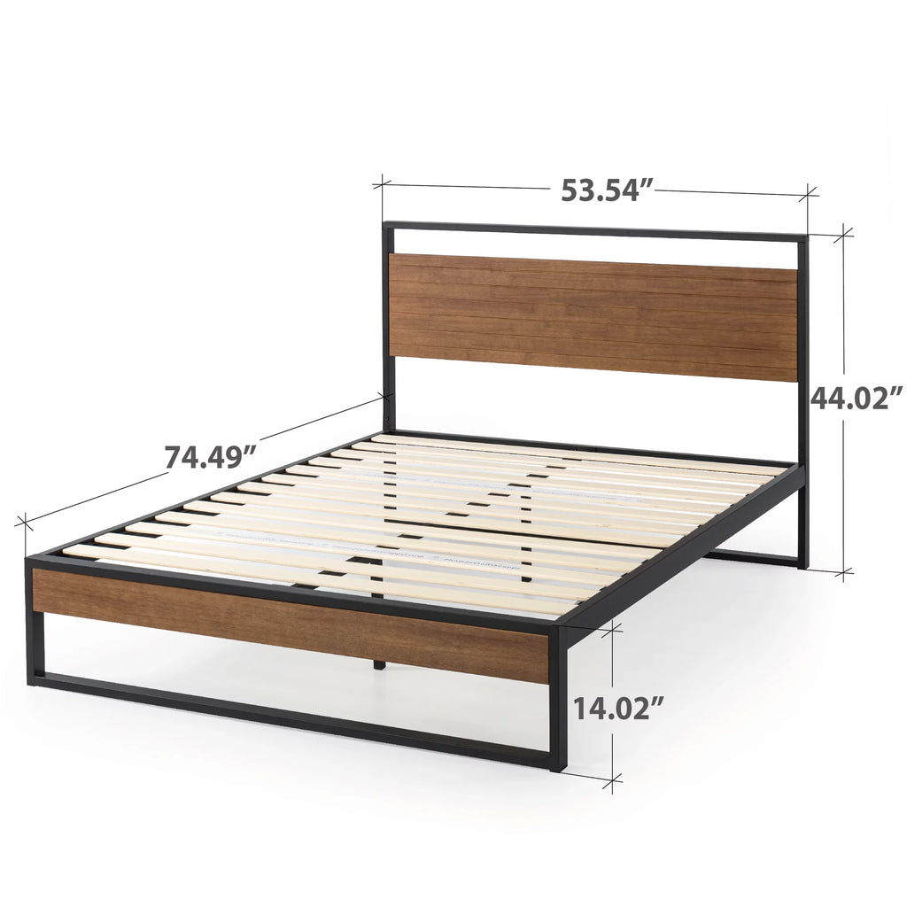 Metal and Wood Platform Bed Frame with Headboard, Chestnut Brown, Full Q3949