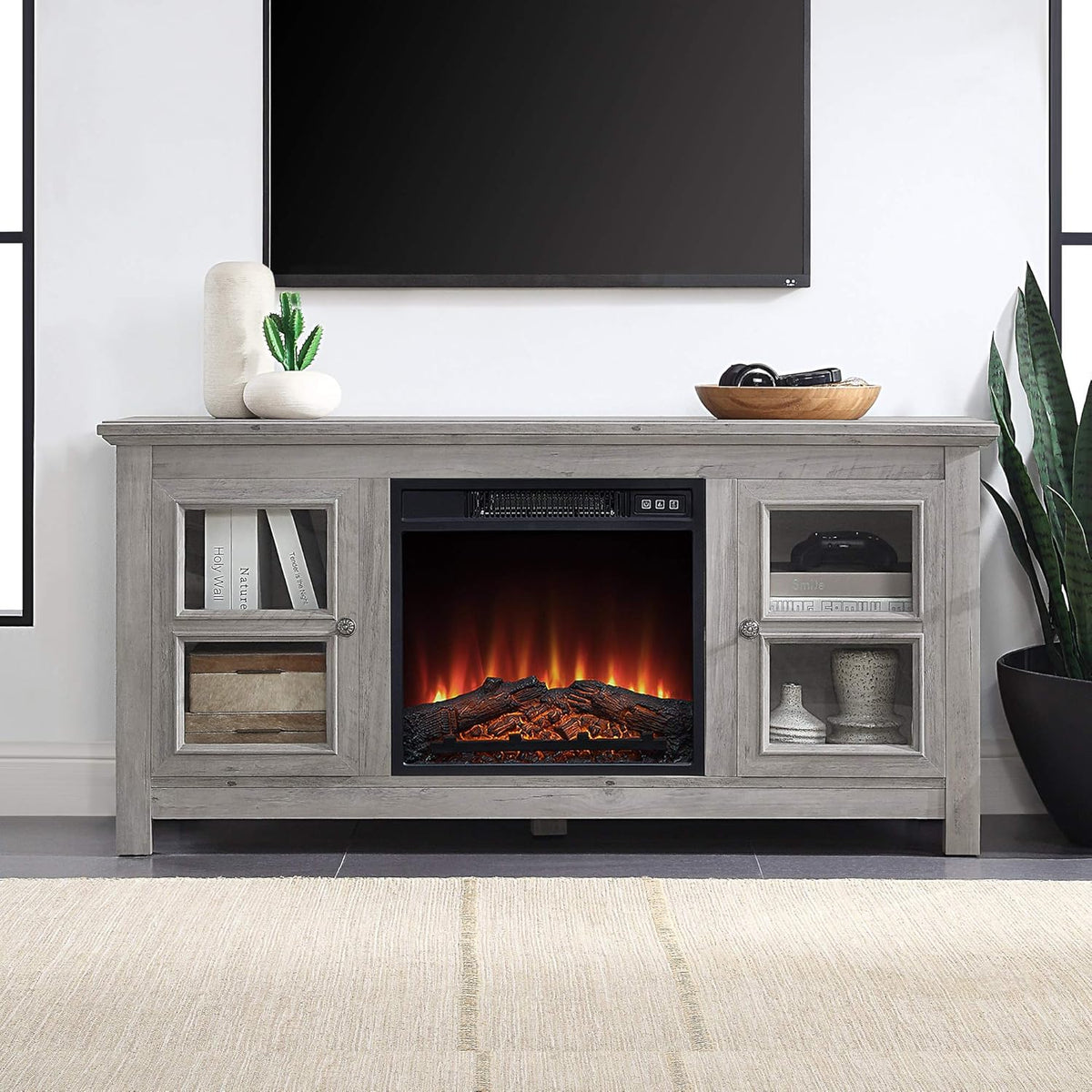 Electric Fireplace TV Stand for TVs up to 55 Inch with Storage Shelves & Cabinets W9847