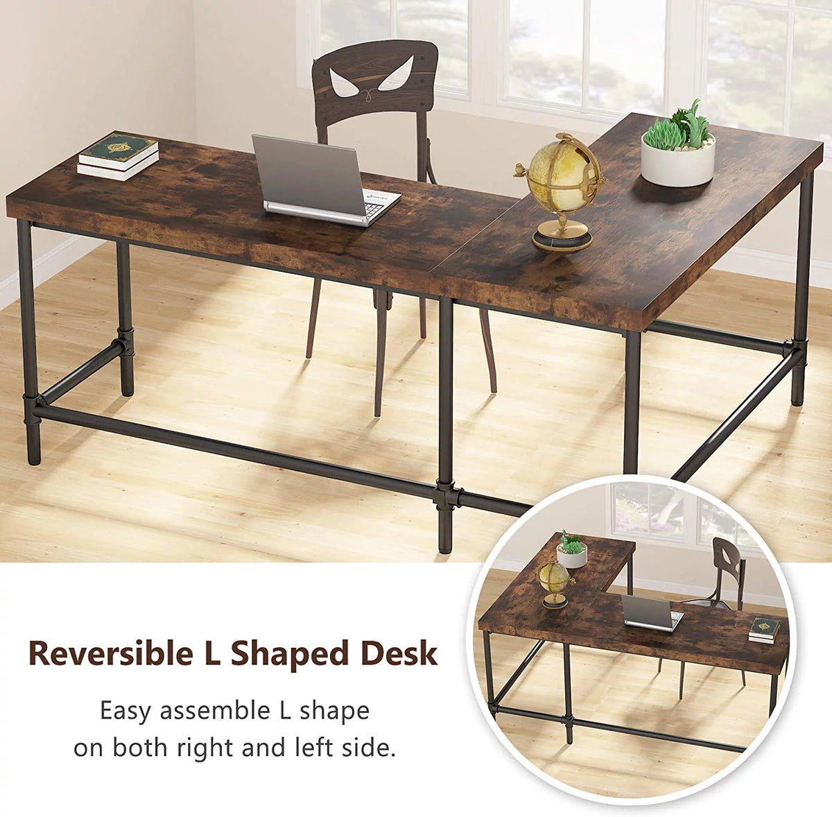 67 inch L-Shaped Corner Computer Desk with Metal Pipe Legs W431