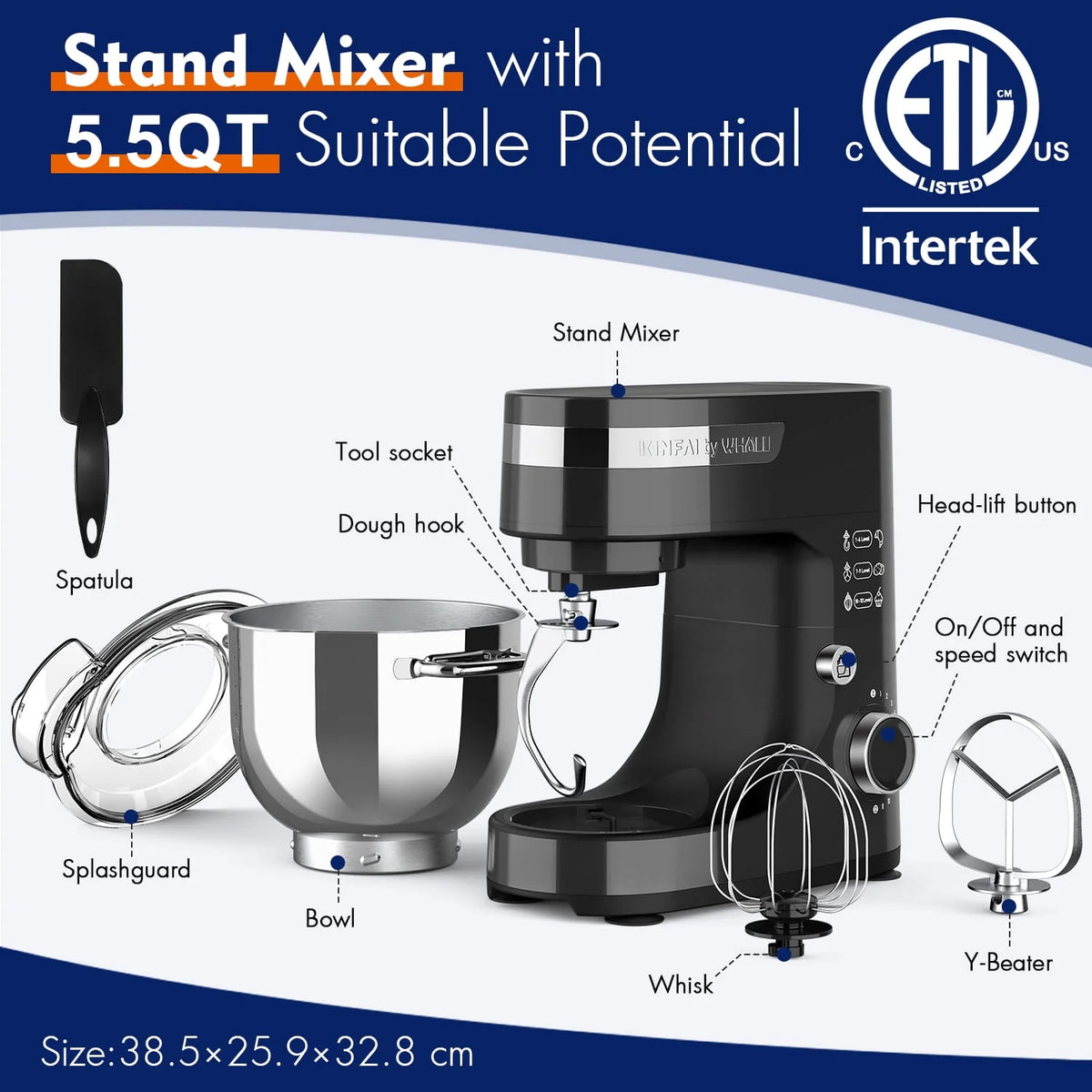 5.5Qt 12-Speed Tilt-Head Electric Stand Mixer with Stainless Steel Bowl E197