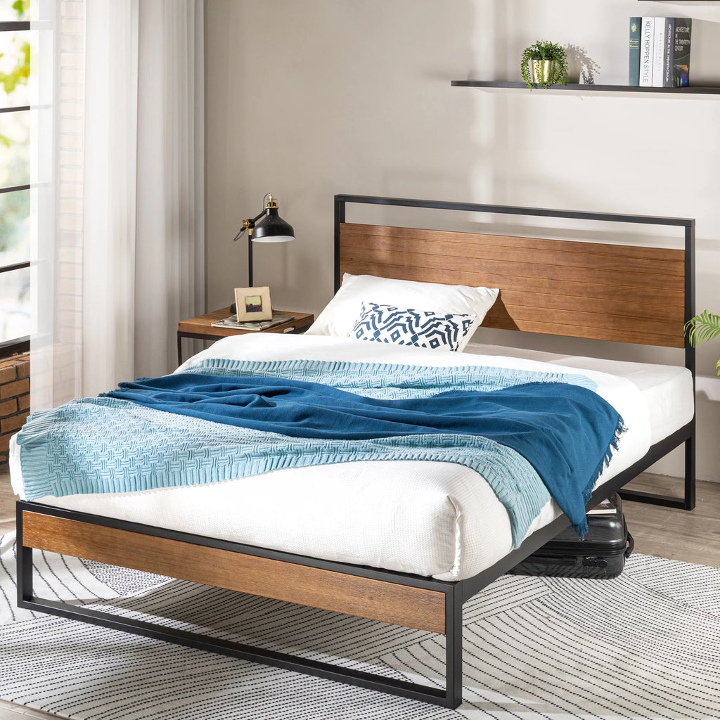 Metal and Wood Platform Bed Frame with Headboard, Chestnut Brown, Full Q3949