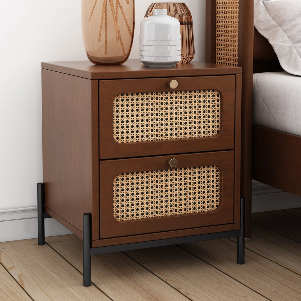 Walnut 2-Drawer Rattan Wood Side Table N368