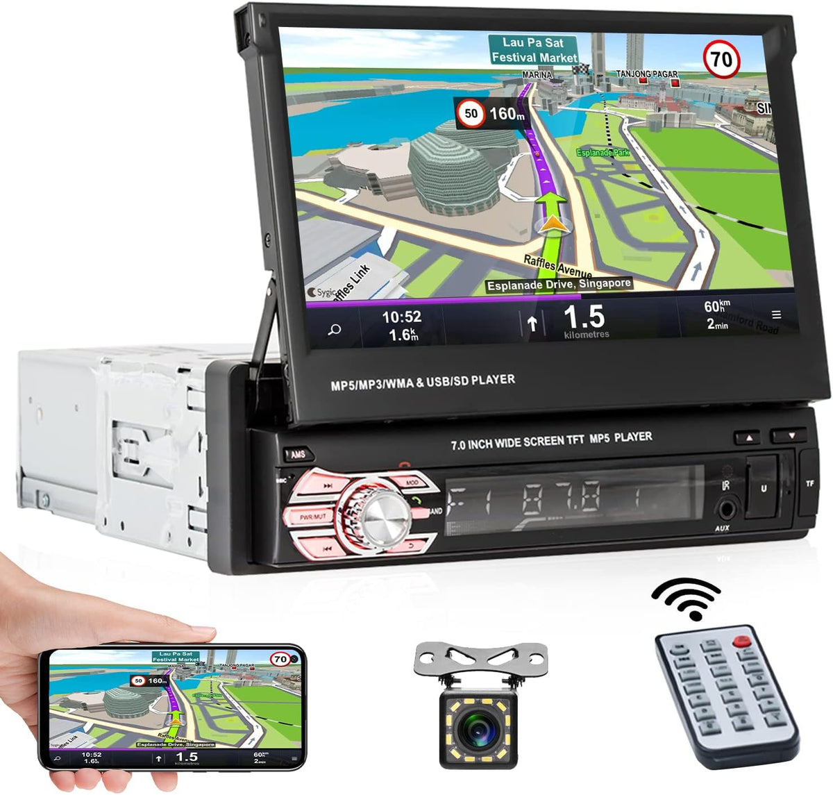 Single Din 7 Inch Flip Out Touchscreen Car Stereo with Backup Camera C422270