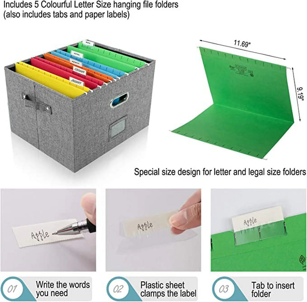 Collapsible Linen File Box with 5 Hanging Folders W32922